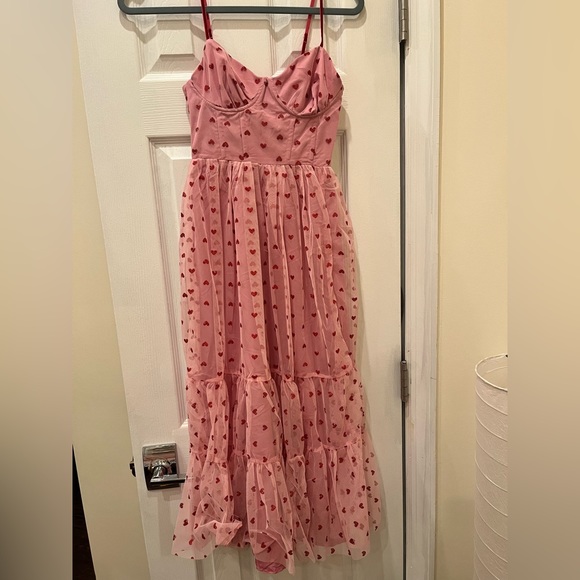 Betsey Johnson Sequin-Heart Bustier Dress. Metallic Heart Print Mesh Midi Dress - Picture 3 of 7